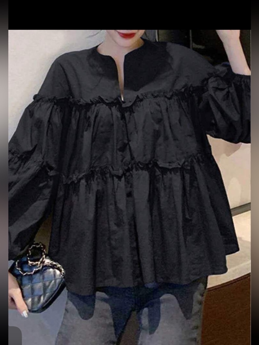 Black Ruffled Peasant Blouse - Women